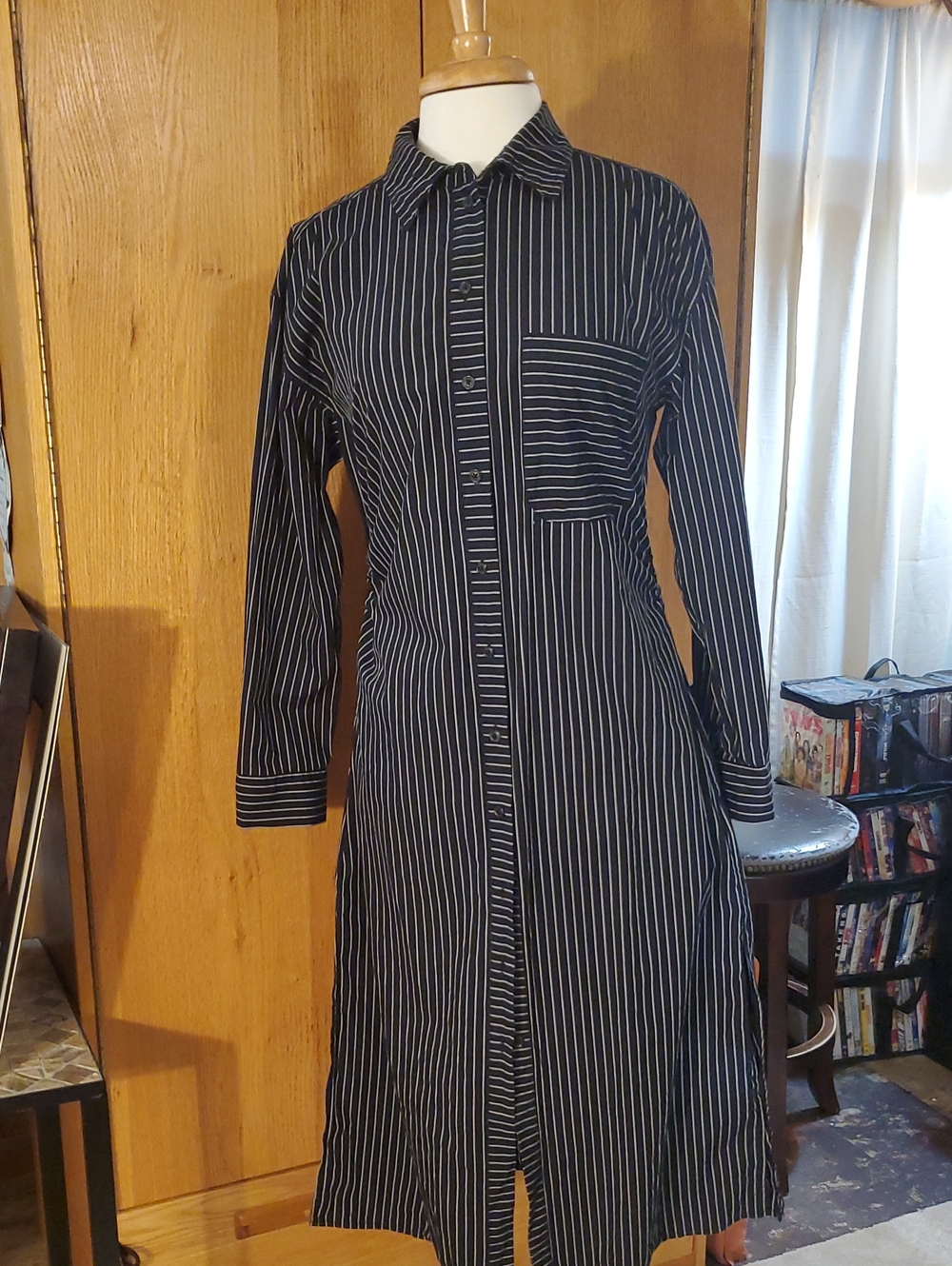 Striped Long Shirt Dress - Black/White